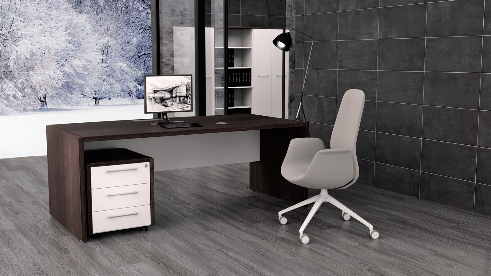 Pokój menedżera w zimowej aranżacji - połączenie odcieni bieli i wiązu. Umeblowany w biurko z kontenerkiem i kubełkowy fotel.